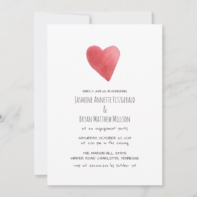 Minimalist Red Watercolor Heart Engagement Party Invitation (Front)