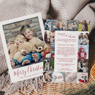 Minimalist Red What A Year Photo Collage Christmas Holiday Card