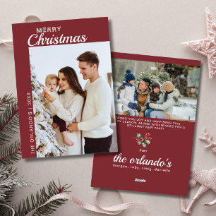 Minimalist Red White 2 Photo Merry Christmas  Holiday Card