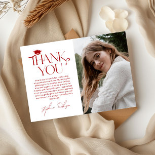 Minimalist Red & White Graduation Photo Thank You Card