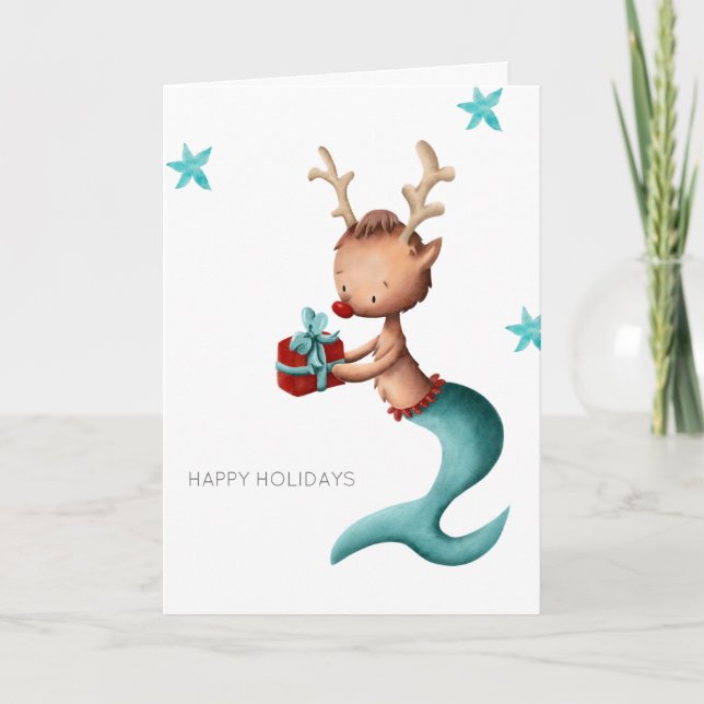 Minimalist Reindeer mermaid with present Holiday Card (Front)