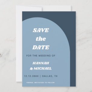 Minimalist Retro 60s Boho Dusty Blue Arch Modern Save The Date