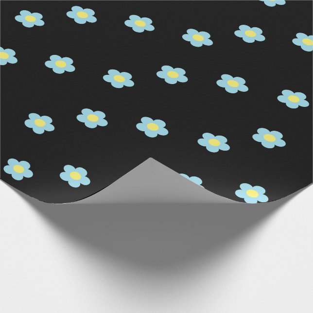 Minimalist Retro 90s Y2k Pastel Blue Flowers Black Wrapping Paper (Corner)