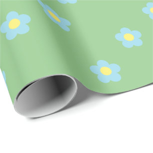 Minimalist Retro 90s Y2k Pastel Blue Flowers Green Wrapping Paper