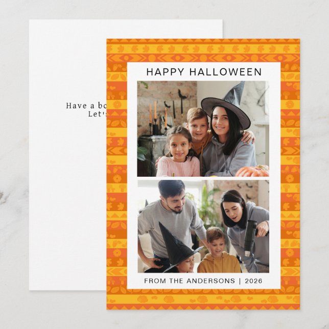 Minimalist  Retro Boho Pattern Halloween Photo Holiday Card (Front/Back)
