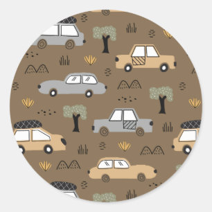 Minimalist Retro Cars Seamless Pattern in Neutral Classic Round Sticker