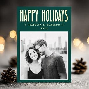 Minimalist retro Happy Holidays dark green Foil Holiday Card