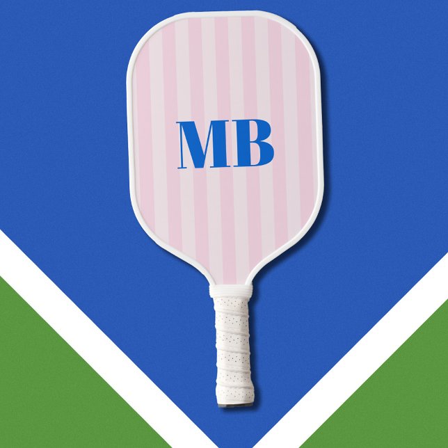 Minimalist Retro Pink Blue Striped Monogram Pickleball Paddle (Creator Uploaded)