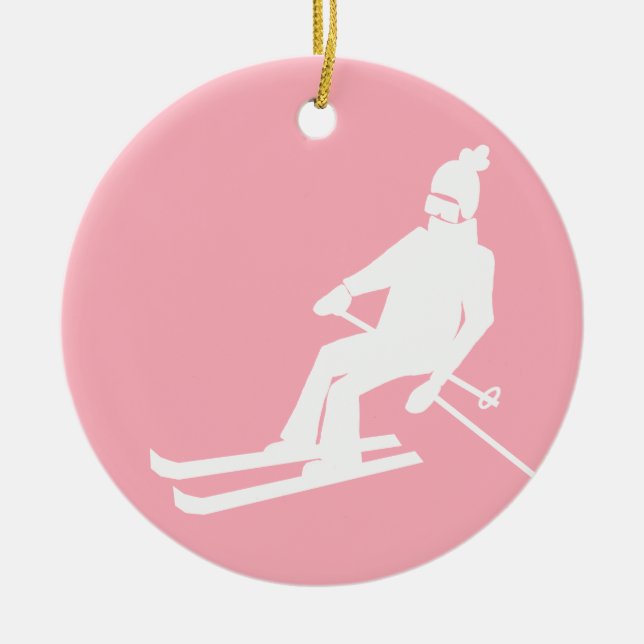 Minimalist Retro Skier Winter Pink White    Ceramic Tree Decoration (Front)
