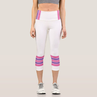 Minimalist Retro Stripes, Pink Purple White Capri Leggings