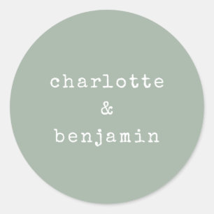 Minimalist Retro Typewriter Couple Names Sage Classic Round Sticker