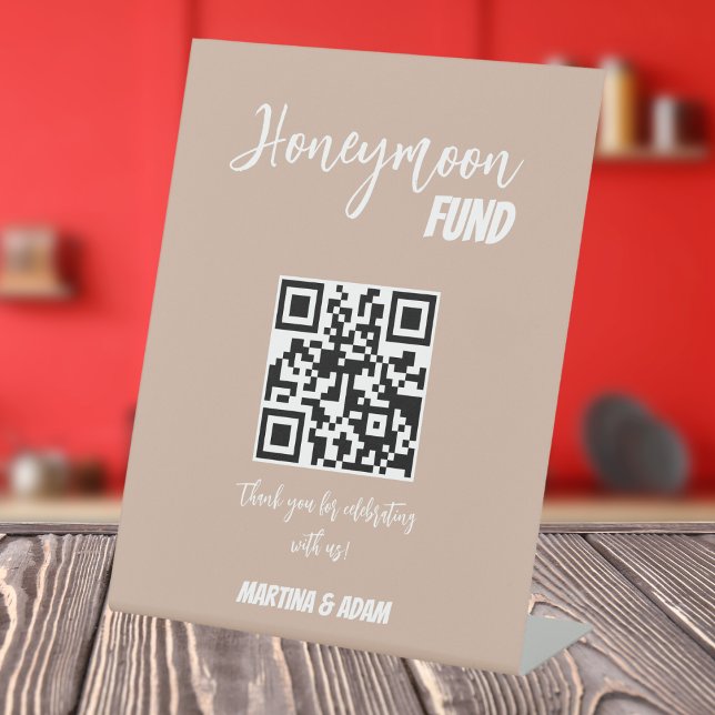 Minimalist Retro Wedding Honeymoon Fund QR Code Pedestal Sign (Creator Uploaded)