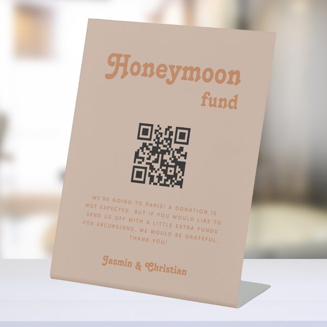 Minimalist Retro Wedding Honeymoon Fund QR Code Pedestal Sign (Creator Uploaded)