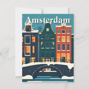 Minimalist Retro Winter in Amsterdam Canal Houses Postcard