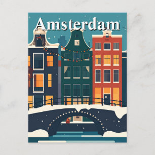 Minimalist Retro Winter in Amsterdam Canal Houses Postcard
