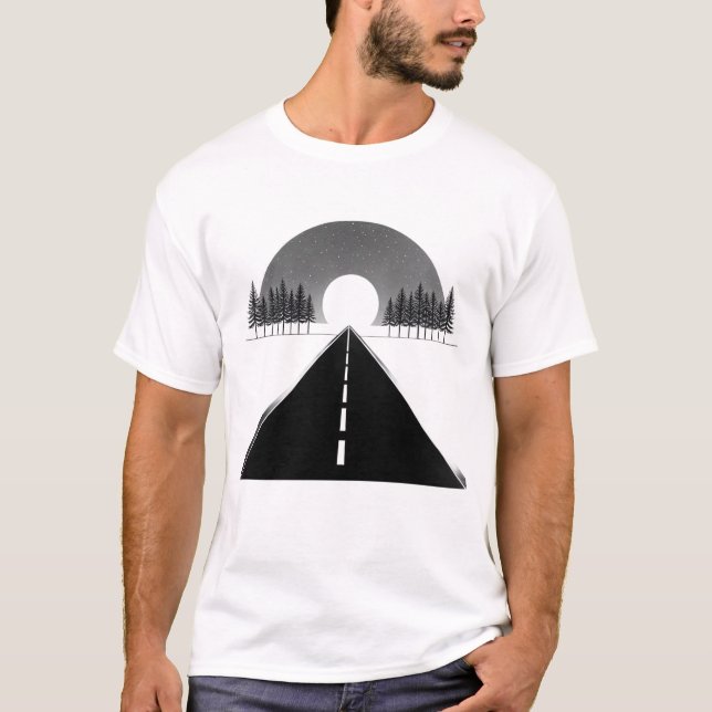Minimalist Road to the Moon Black White T-Shirt (Front)