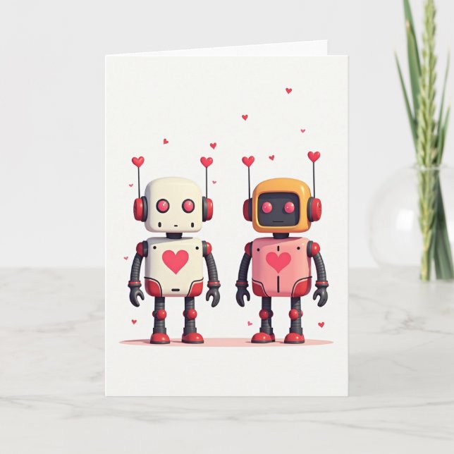 Minimalist Robots Hearts Card (Front)