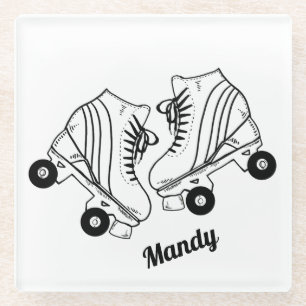 Minimalist Roller Skates Drawing Custom Name Glass Coaster