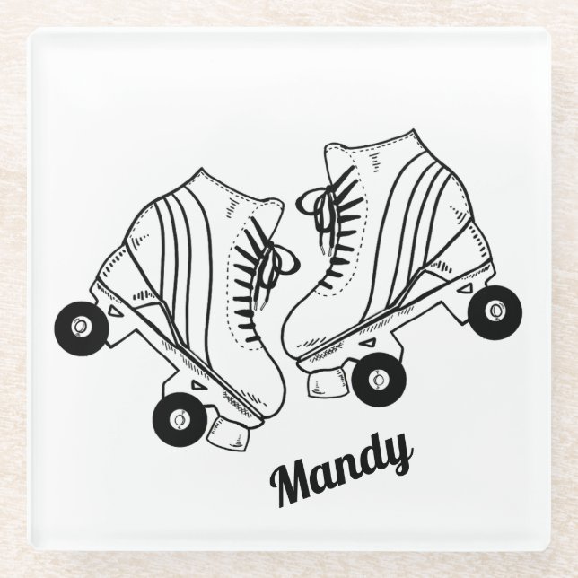 Minimalist Roller Skates Drawing Custom Name   Glass Coaster (Front)