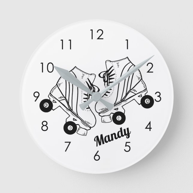 Minimalist Roller Skates Drawing Custom Name Round Clock (Front)