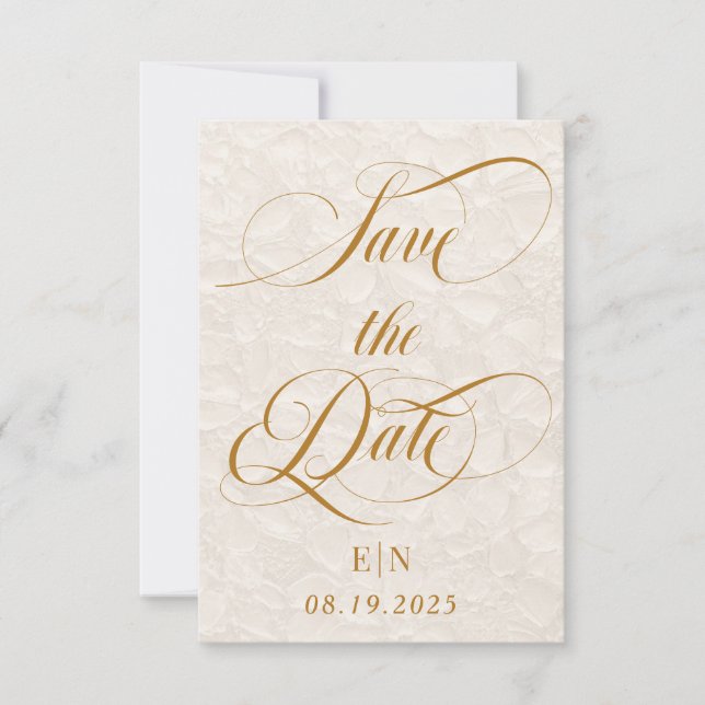 Minimalist Romantic Beige Gold floral Save The Date (Front)