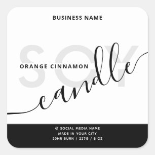 Minimalist romantic black white script soy candle square sticker