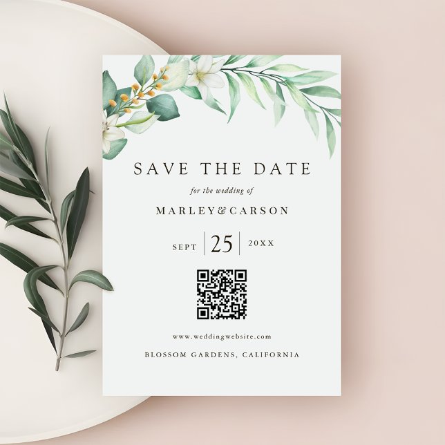 Minimalist Romantic Greenery QR CODE Wedding Save The Date (Creator Uploaded)