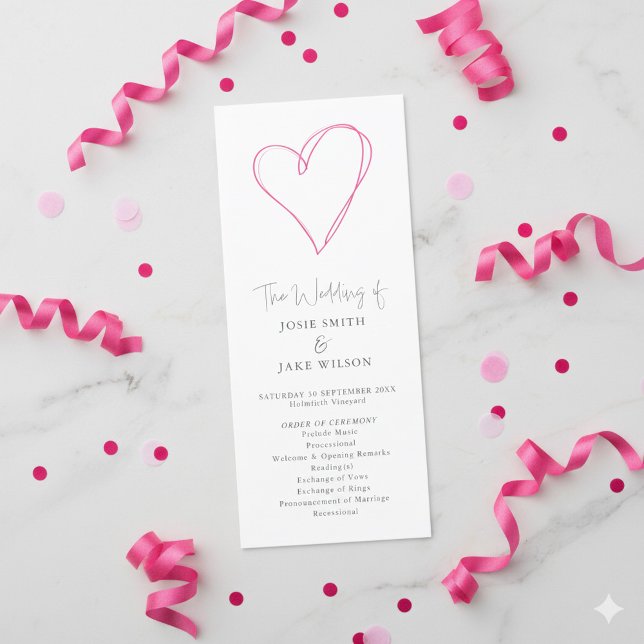 Minimalist Romantic Pink Heart wedding Ceremony Programme (Fun wedding program with hand drawn style pink heart.)