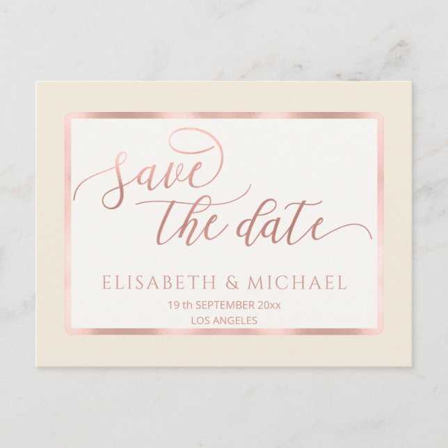 Minimalist romantic rose gold frame calligraphy  announcement postcard (Front)
