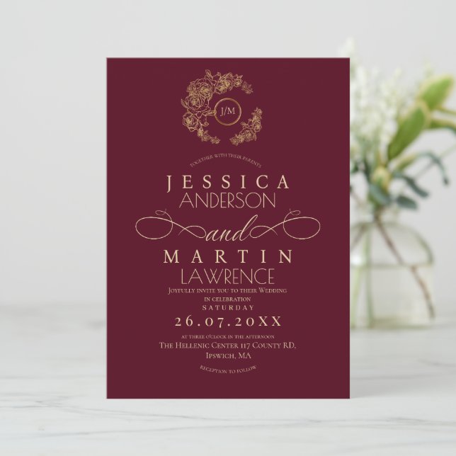 Minimalist Romantic Script Burgundy Gold Wedding  Invitation (Standing Front)