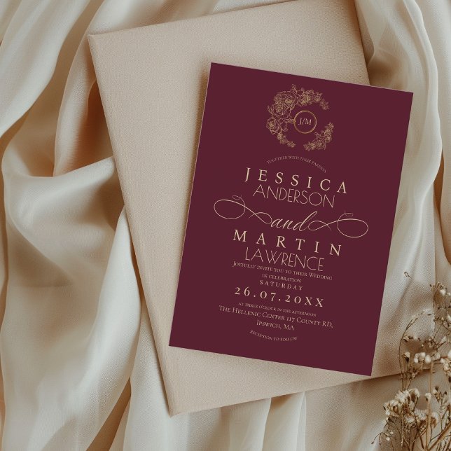 Minimalist Romantic Script Burgundy Gold Wedding  Invitation (Creator Uploaded)