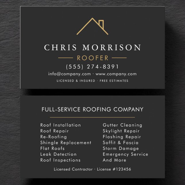 Minimalist Roofer Black Gold Modern Business Card (Creator Uploaded)