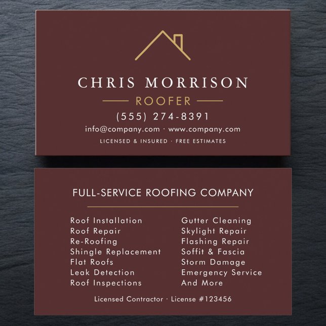 Minimalist Roofer Burgundy Gold Modern Business Card (Creator Uploaded)
