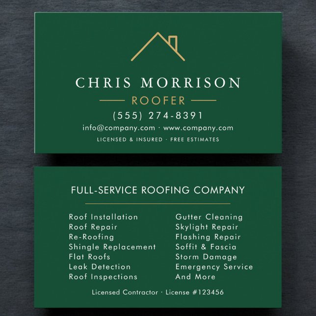 Minimalist Roofer Green Gold Modern Business Card (Creator Uploaded)