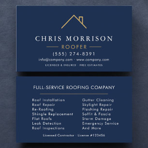 Minimalist Roofer Navy Blue Gold Modern Business Card