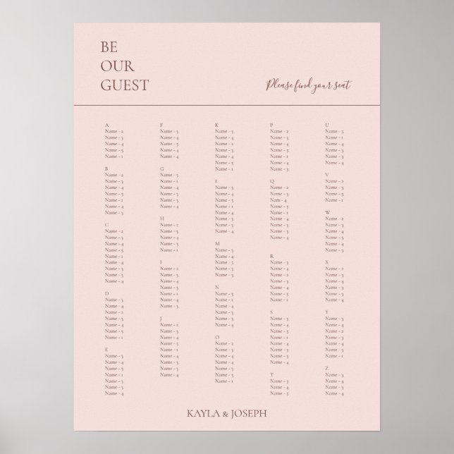 Minimalist Rose Alphabetical Wedding Seating Chart (Front)
