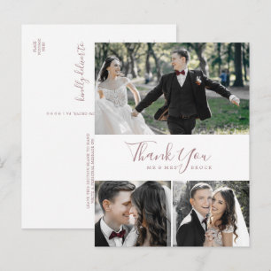 Minimalist Rose Gold 3 Photo Collage Thank You Postcard