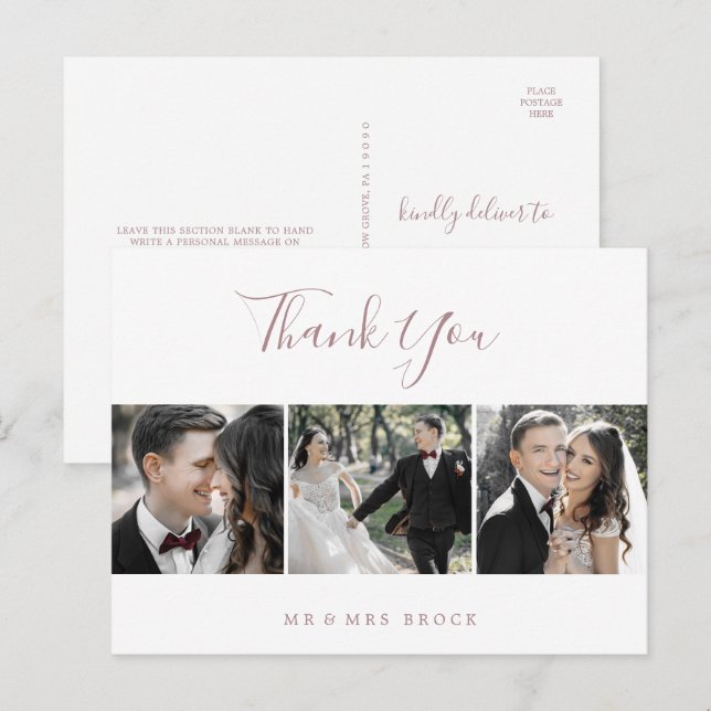 Minimalist Rose Gold 3 Photo Template Thank You Postcard (Front/Back)