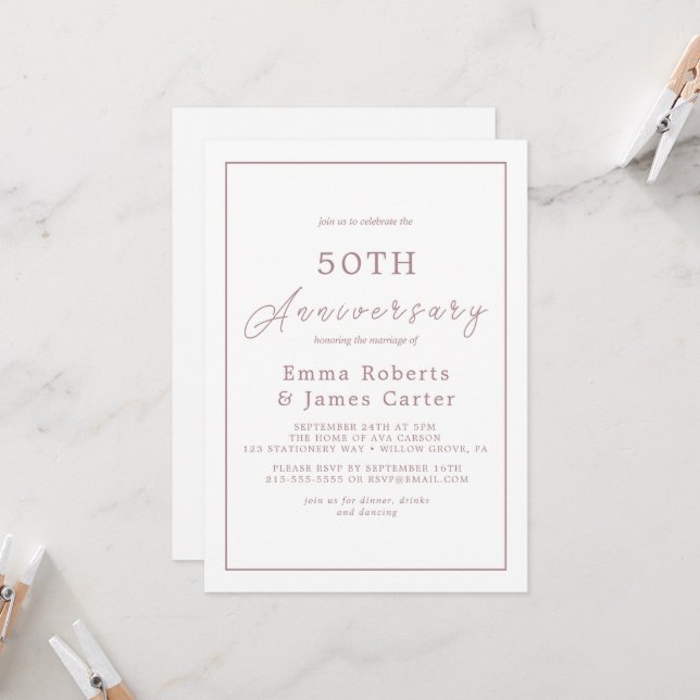 Minimalist Rose Gold 50th Wedding Anniversary  Invitation (Front/Back In Situ)