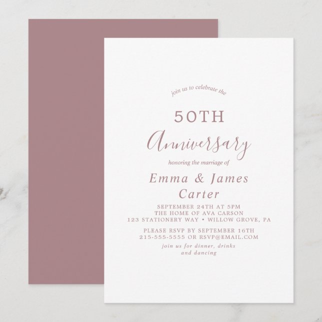 Minimalist Rose Gold 50th Wedding Anniversary  Invitation (Front/Back)