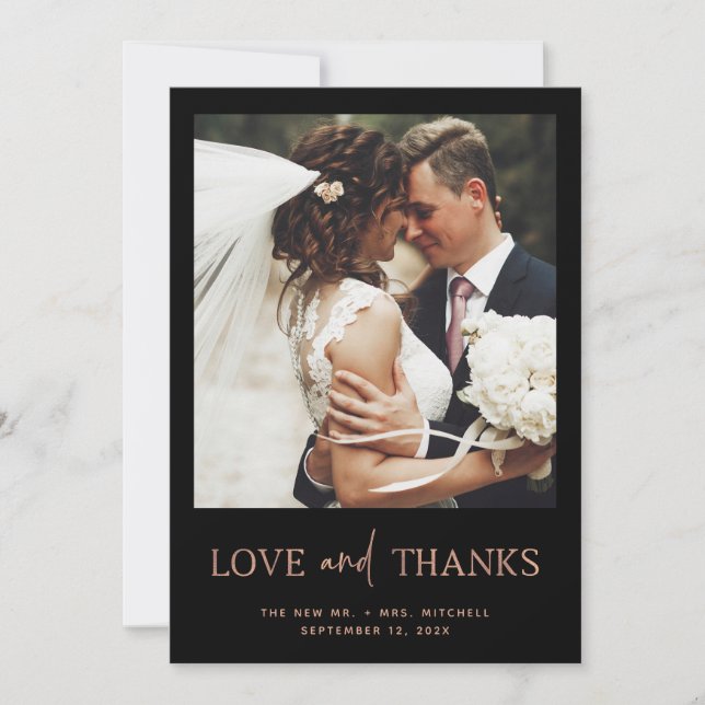 Minimalist Rose Gold and Black | One Photo Wedding Thank You Card (Front)