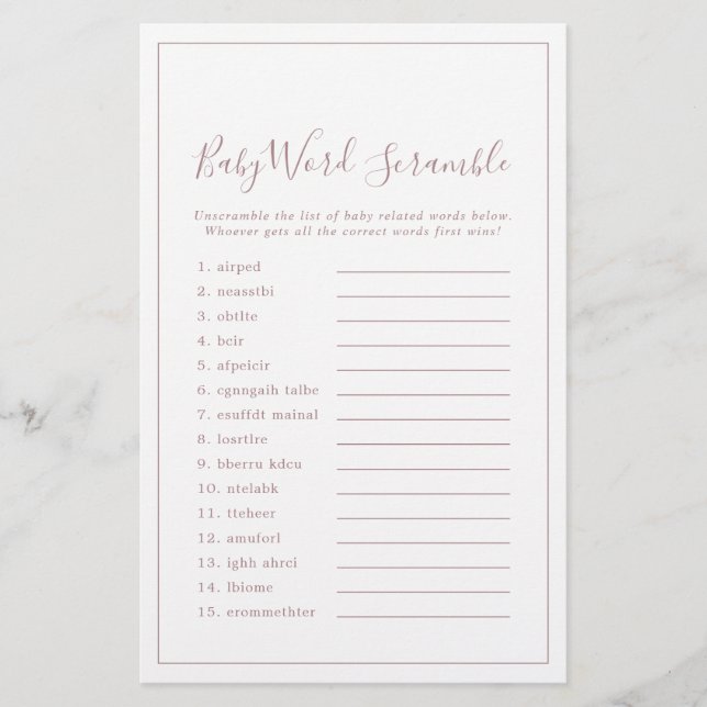 Minimalist Rose Gold Baby Word Scramble Game (Front)