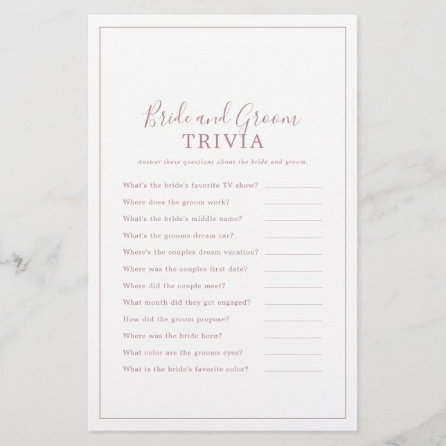 Minimalist Rose Gold Bride and Groom Trivia Game Flyer (Front)