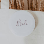 Minimalist Rose Gold Bride Bridal Shower Button<br><div class="desc">This minimalist rose gold bride bridal shower button is perfect for a simple wedding shower. The modern romantic design features classic rose gold and white typography paired with a rustic yet elegant calligraphy with vintage hand lettered style. Customisable in any colour. Keep the design simple and elegant, as is, or...</div>