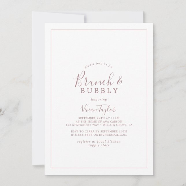 Minimalist Rose Gold Brunch & Bubbly Bridal Shower Invitation (Front)