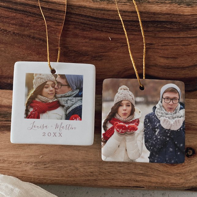 Minimalist Rose Gold Couples Keepsake Photo Ceramic Ornament (Creator Uploaded)