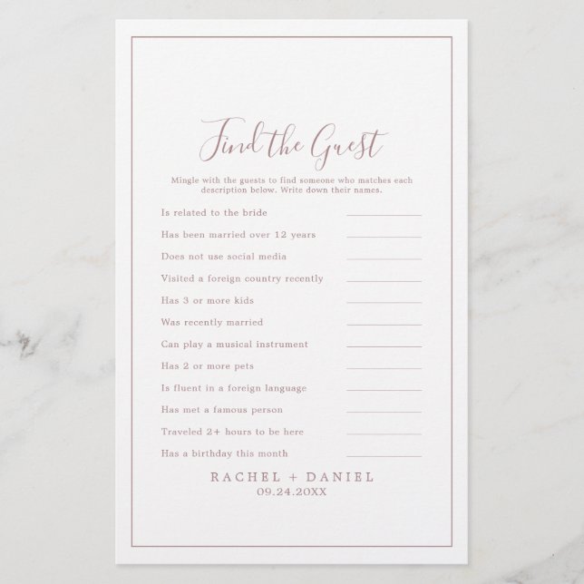 Minimalist Rose Gold Find the Guest Wedding Game Flyer (Front)