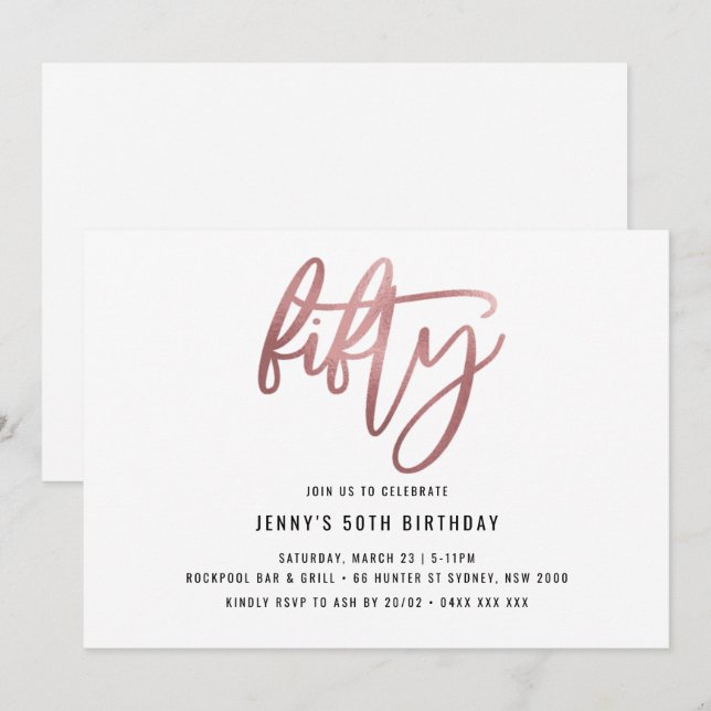 Minimalist Rose Gold Foil 50th Birthday Invitation (Front/Back)