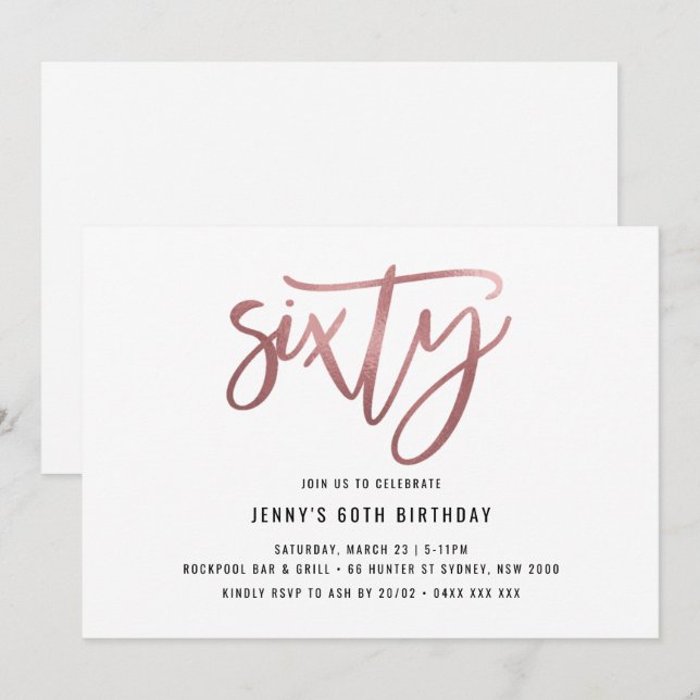 Minimalist Rose Gold Foil 60th Birthday Invitation (Front/Back)