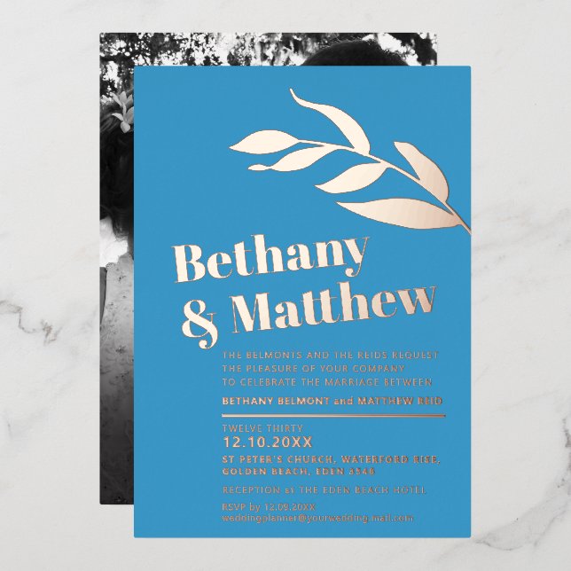 Minimalist rose gold foil leaves on blue wedding (Front/Back)